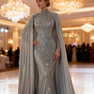 2026 Tùy Chỉnh Màu Xám Cao Cổ Nàng Tiên Cá Buổi Tối Dresses Với 3D Đính Cườm Cape Thanh Lịch Đảng Gowns Với Quét Train Cho Phụ Nữ - Product Image 1