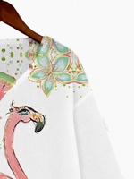 Pull en tricot pour femme à imprimé flamant rose, col en V, manches longues, motif palmier tropical, blanc