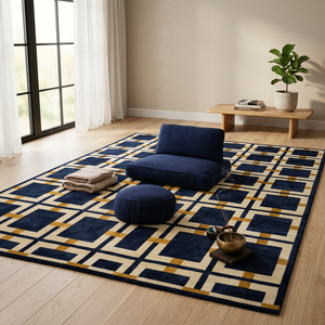 Alfombra Moderna Geométrica Azul Marino Rectangular Antideslizante con Diseño de Pelo Medio para Sala de Estar - Product Image 1