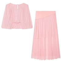 Ensemble 2 pièces décontracté pour femme : Hauts en maille rose à col rond, jupes longues à fermeture éclair et design patchwork