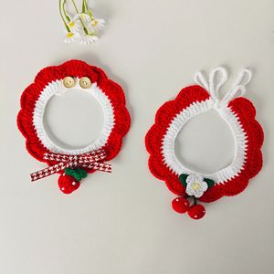 Cherry and strawberry red pet scarf, cat New Year collar, <b>dog</b> handmade knitted bib, cute accessory - Product Image 2