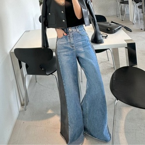 Jean large pour femme à taille haute, design rétro avec empiècements de couleurs contrastées, tendance - Product Image 2