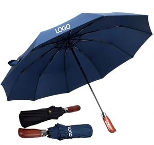 Parapluies compacts pliables en 3 sections, personnalisables avec logo, manche en bois haut de gamme, pare-soleil automatique pour deux personnes - Product Image 1