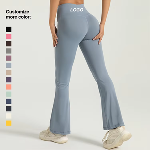 Dropshipping High Waist Full Length <b>Flared</b> Yoga <b>Leggings</b> Solid Color Four Way Stretch Sweat Wicking Jogging Sports Pants - Product Image 4