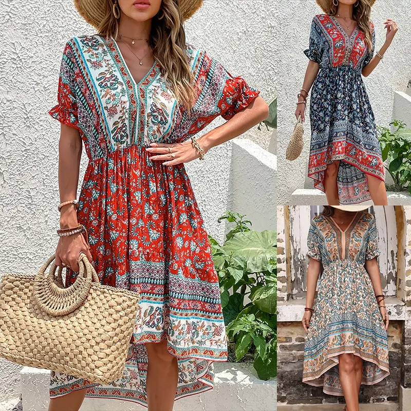 Frauen Boho Mode Sommer A-Linie V-Ausschnitt Freizeit kleid Floral Bohemian Backless Draw string Kleid Damen