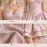 Mini-robe personnalisée pour femme, jacquard floral, avec corsage, col halter, jupe à volants superposés, coupe trapèze, pour occasions