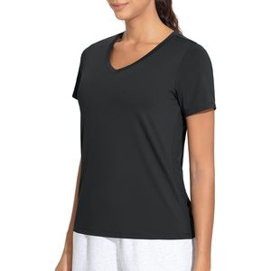 FOXA T-shirt de sport pour femme à col en V, manches courtes, ajusté, séchage rapide, pour yoga, couleur unie - Product Image 2
