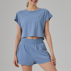 Aoyema, cintura elástica y ensanchada con forro interior ajustable, ropa deportiva de manga <span class=keywords><strong>corta</strong></span>, conjunto deportivo para correr - Product Image 5