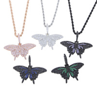 Collier pendentif papillon entièrement serti de zircone cubique pour couple, bijoux hip-hop