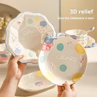 Ensemble de vaisselle en céramique peinte à la main avec motif de raisins - Bols et assiettes pastel pour la cuisine et la salle à manger