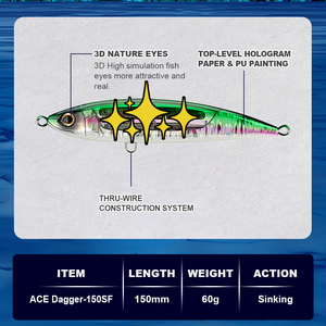 Honoreal Popula Sinking Fishing Lure 150mm 60g Pencil Bait Stickbait <span class=keywords><strong>Plus</strong></span> Lure con Flash Flake per Acqua Salata Oceanica - Product Image 3
