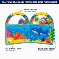 Livre cartonné personnalisé sur le thème des animaux marins, impression couleur, poignée arquée, pages découpées en forme de languettes, éducatif pour enfants