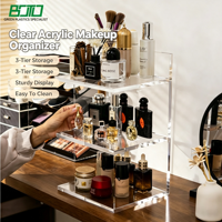 Maßgefertigtes 3-stufiges Acryl-Kosmetik-Aufbewahrungsregal Transparenter Desktop-Hautpflege-Organizer Multifunktionaler Becherhalter Präsentationsständer