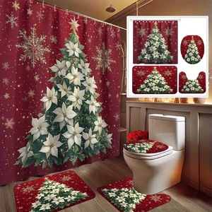 Cortina de Ducha de Poliéster con Diseño de Poinsettia Roja para Árbol de Navidad, Cortina de Baño con Impresión Digital, Impermeable, Personalizada, Moderna, al por Mayor - Product Image 1