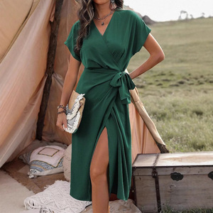 Nuevos Vestidos de Verano para Mujer al por Mayor, Vestido Cruzado con Cuello en V, Tallas S-3XL, Lazo Lateral, Abertura Sexy, Elegante, Casual, Esencial para Resort y Boutique - Product Image 2