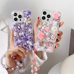 Luxury Bling Diamond Rhinestone Pearl Flower Phone Case For iPhone 15 14 13 12 11 Xs Xr Xs Por Max with bracelet
