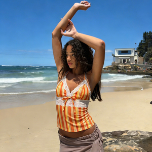 Vestido camisero sexy de verano naranja con cuello en V, transpirable, de punto, con encaje a cuadros, adelgazante, para vacaciones, para mujer, con espalda descubierta - Product Image 3