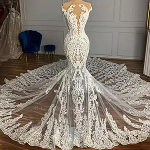 Charmantes Juwel Garten ärmelloses Meerjungfrau Tüll Brautkleid mit Applikationen Tüll Spitze rücken freies Brautkleid
