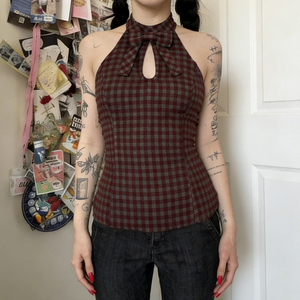 เสื้อครอปท็อปผู้หญิงลายสก็อต Y2K แบบผูกโบว์เว้าไหล่ทรงเข้ารูปแขนกุด เซ็กซี่สไตล์วินเทจสำหรับฤดูร้อนแฟชั่นสตรีทแวร์ - Product Image 4