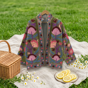 Chaqueta Bomber de Terciopelo Verde para Mujer, Cuello Mao, Manga Larga con Volantes, Bordado Floral Rosa, Abrigo de Invierno y Otoño - Product Image 3