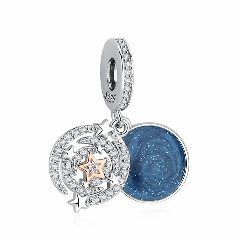 Original 925 Sterlingsilber-Charme für Damen Mond Stern Weltraum-Charms Kristallperlen passende Armbänder Halsketten Schmuck selbstgemacht