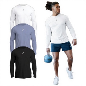 Camiseta de Manga Larga de Secado Rápido para Hombre, Cuello Redondo, Color Sólido, Corte Ajustado, Estilo Deportivo, Tejido de Poliéster, para Entrenamiento, Blanco, Azul, Negro - Product Image 3