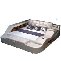 Meuble de chambre à coucher, lit multifonction avec rangement de Massage, lumière LED, cadre en bois massif, Queen, lit en tissu cuir moderne