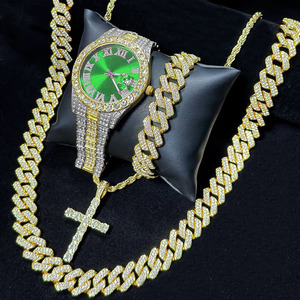 Ensemble de montres et bijoux de luxe pour hommes, 4 pièces, montre calendrier hip-hop avec strass pour hommes, 2 colliers, bracelet en alliage, cadeau - Product Image 2