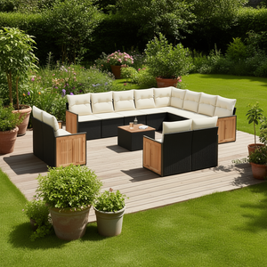 Ensemble de canapés de jardin blanc crème avec coussins noirs, meubles d'extérieur en rotin, design contemporain imperméable - Product Image 2