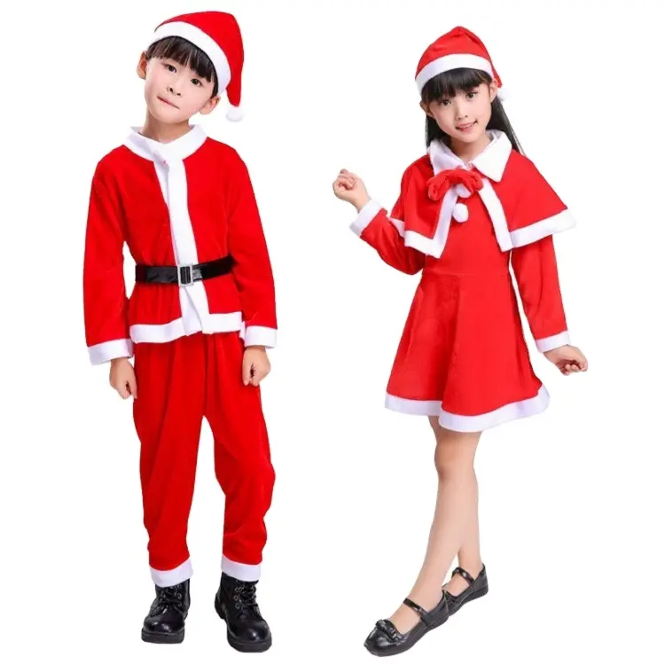 子供のための低価格のミセスクラウスコスチューム赤いクリスマスドレスと帽子クリスマスコスチューム