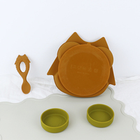 Lssanten — fournitures d'alimentation pour bébé, plaque d'aspiration en Silicone hibou marron avec tapis nuage, cuillère d'alimentation pour chat, anneau de dentition pour bambin