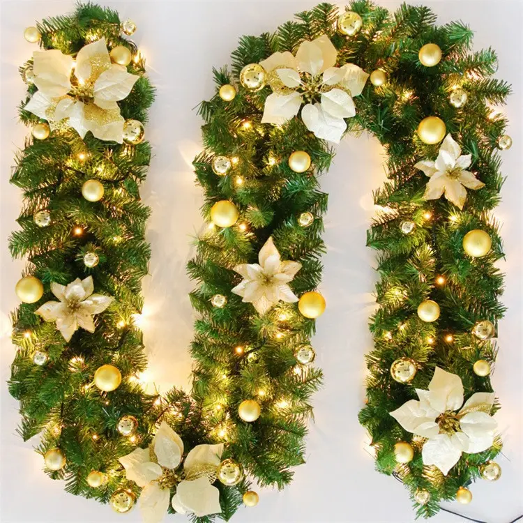 2.7M Kerst Led Rotan Slinger Decoratieve Groene Kerst Slinger Kunstmatig Kerstboom Rotan Banner Versiering Krans