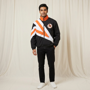 Men's Black Orange White Color Blocking <b>Racer</b> <b>Jacket</b> Stand Collar Zipper Closure Windproof Sporty Style Autumn Urban Productions - Product Image 1