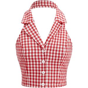 Haut court à carreaux pour femme, dos nu, boutonné devant, tenue décontractée - Product Image 1