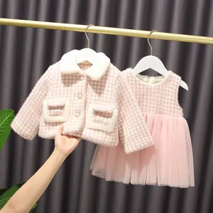 20406 2021 New Fashion Korean winter 6t clothes Children's woolen coat velvet Puff Skirt toddler girls Winter Dress set