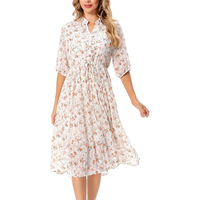 Nouvelle Arrivée 2026 – Robe Midi d'Été pour Femme, Douce et Vintage, à Imprimé Floral, en Mousseline Respirante, Col en V, Manches Mi-Longues à Volants, avec Cordon de Serrage