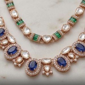 Luxury Blue Stone Layered <b>Necklace</b> Rose Gold Bridal Jewelry with Earrings for Wedding Party Wear Jewelry Luxury Style - Product Image 4