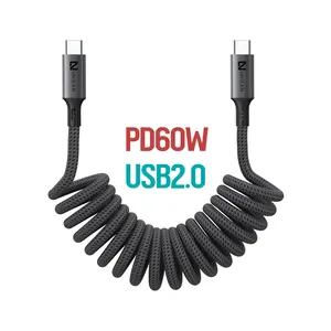 Geri çekilebilir tasarım naylon örgülü Spiral tip C 3A kıvırcık USB C güç teslimat 60W hızlı şarj ile sarmal kablo