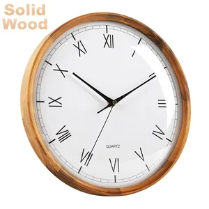 Wood Glass Wall Clock Dome Glass Cover Roman Numbers Modern Decorative Wooden Frame Wall Clock