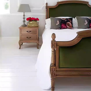 <span class=keywords><strong>Cadre</strong></span> de lit en bois massif sculpté en chêne rustique-Lit simple/double moderne rétro vieilli avec dossier doux et design princesse - Product Image 6