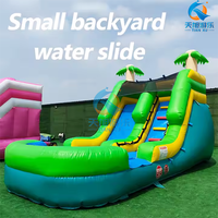 Toboggan aquatique gonflable commercial en PVC de 4,5 m (15 pieds) rouge et bleu, thème tropical, avec piscine et cocotier, pour usage intérieur/extérieur, taille personnalisable, idéal pour résidences et écoles