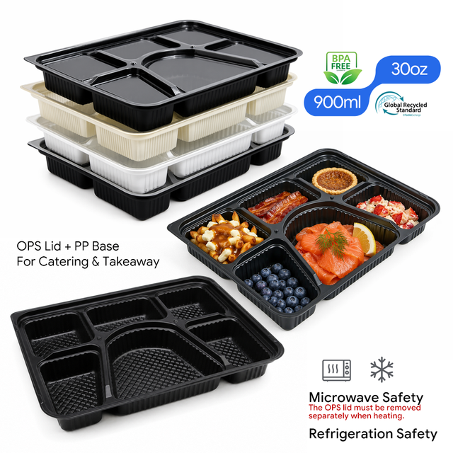6 Compartment PP Food Tray with OPS Clear Lid Disposable Divided Bento Box BPA Free Microwave Safe Takeaway Custom Logo