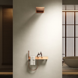 Sistema de Ducha Termostático de Latón de Lujo en Oro Rosa, Empotrado en Pared, con Mezclador, Rociador de Lluvia, Estante de Almacenamiento y Toallero - Product Image 1