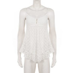 Top camisero de encaje blanco estilo francés Pure Desire, corte bajo con botones, línea A, estilo dulce para vacaciones, chaleco adelgazante y favorecedor. - Product Image 6