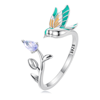Summer Climber Crawler Bird Fashion Floral Ring Bague ouverte ajustable en argent sterling 925 pour femmes