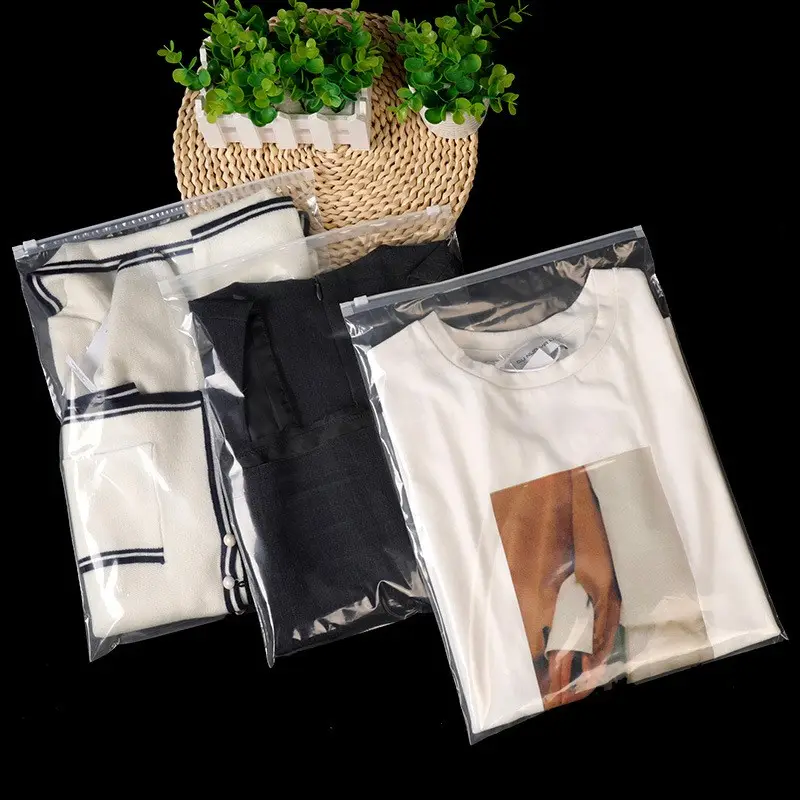 Sacos plásticos biodegradáveis transparentes personalizados para embalagem de roupas, calças de manga curta, sacos plásticos com zíper para roupas