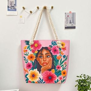 Bolso de mano plegable de moda para mujer, bolso informal con estampado floral, bolso de playa de lona con asa de cuerda - Product Image 4