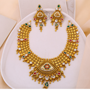 Gold <b>Statement</b> <b>Necklace</b> Set With Green Red Stones Bezel Setting 22K Solid Gold Women's Wedding Jewelry - Product Image 4