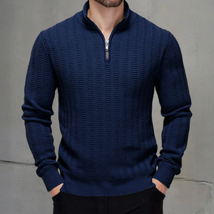 Pull en maille zippé à col montant pour homme, coupe ajustée, manches longues, automne-hiver 2025, grandes tailles, kaki, bleu marine, militaire - Product Image 3