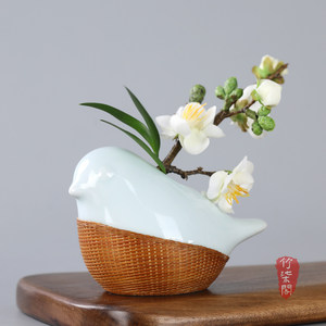 Bamboo Woven Porcelain Bird Vase Ceramic Flower Arrangement Ornament Traditional Chinese Living Room Decoration Hydroponic Pot - Product Image 3